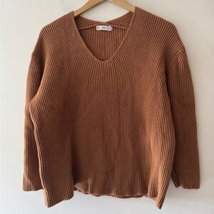 Mango Brown Ribbed V Neck Relaxed Sweater